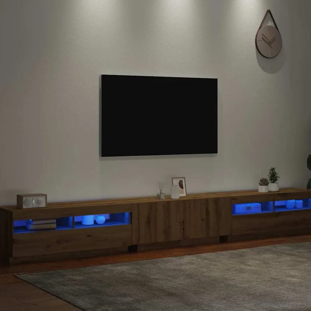 vidaXL Mueble de TV luces LED madera 300x35x40 cm Roble artisan Sale