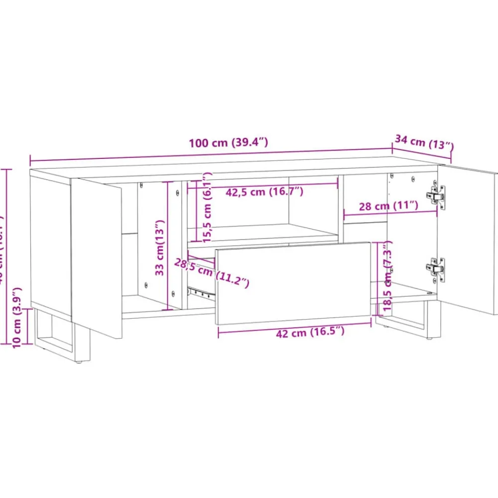 vidaXL Armarios Y Almacenamiento-Mueble de TV madera maciza mango marrón 100x34x46 cm