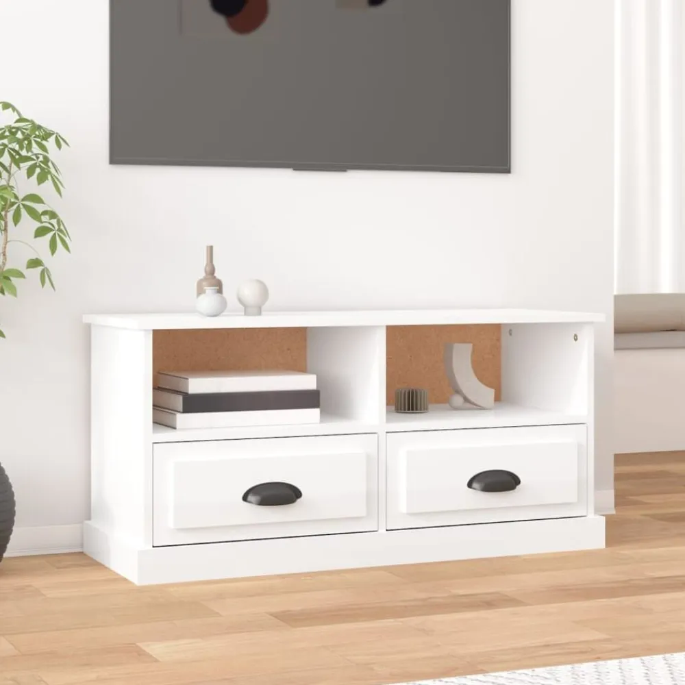 vidaXL Muebles Tv-Mueble de TV madera contrachapada blanco brillo 93x35,5x45 cm