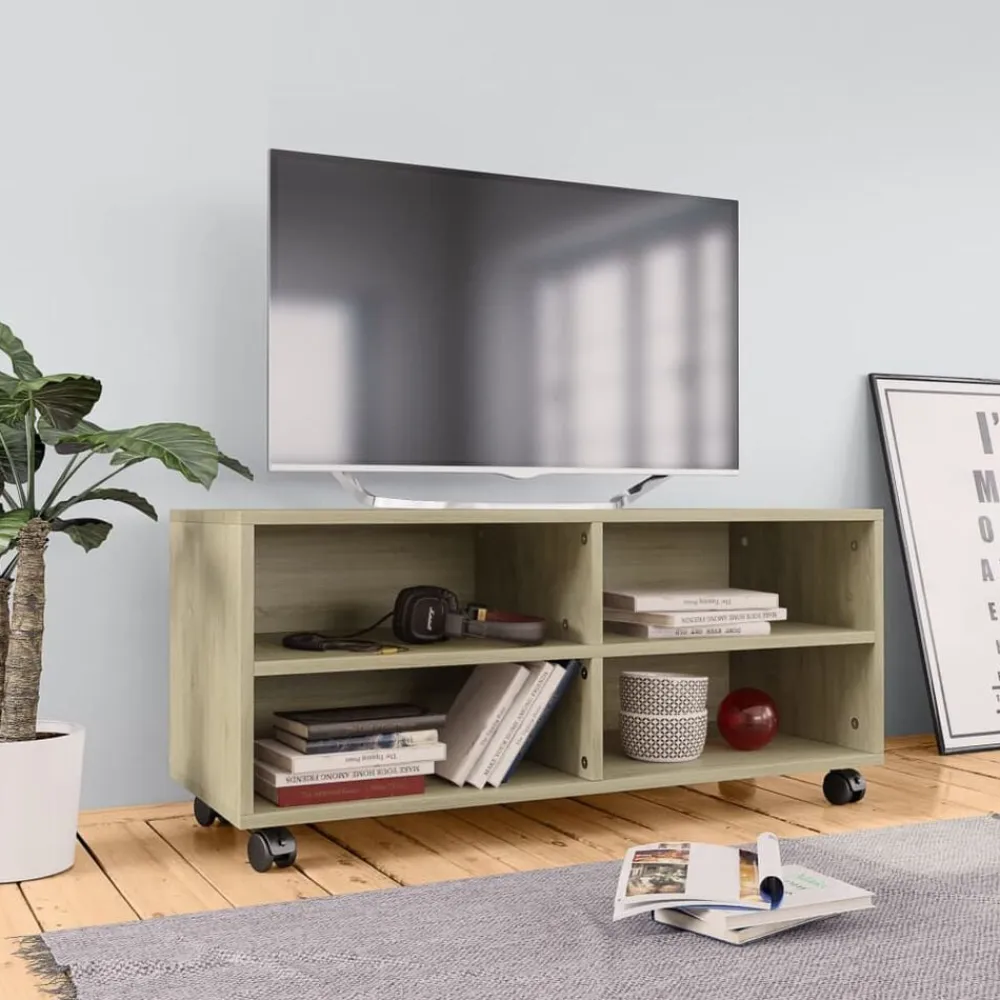 vidaXL Mueble de TV ruedas madera contrachapada color roble 90x35x35cm Roble Sonoma Clearance