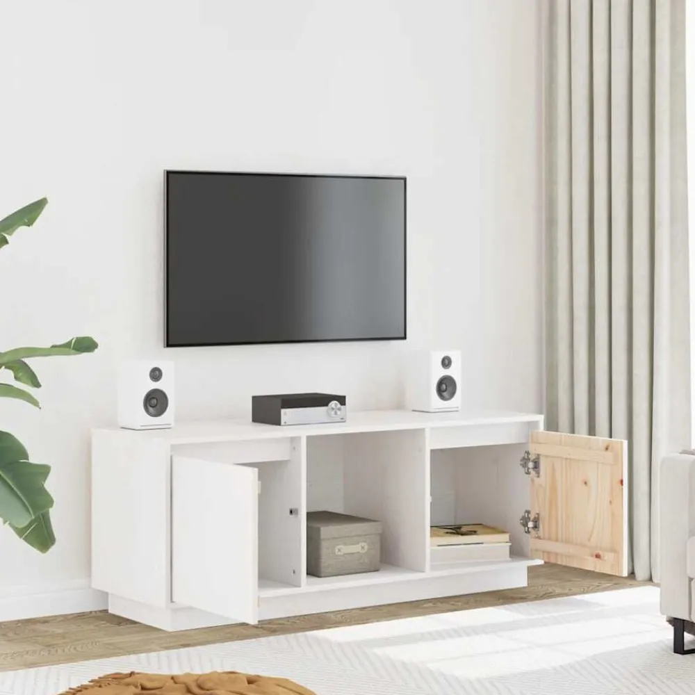 vidaXL Mueble para TV de madera maciza de pino 110,5x35x44 cm Blanco Sale