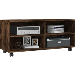 vidaXL Mueble TV con ruedas madera contrachapada roble humo 90x35x35cm Roble ahumado Online