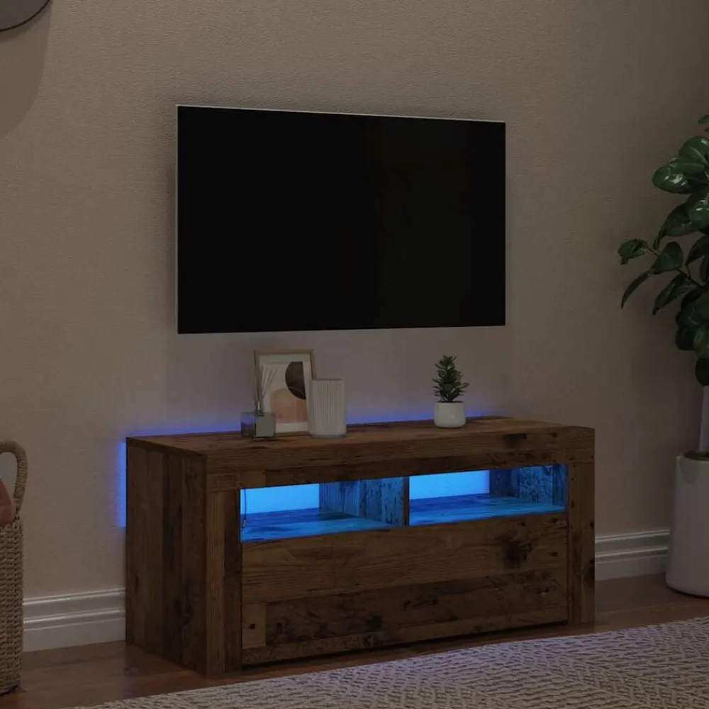 vidaXL Muebles Tv-Mueble TV luces LED madera ingeniería envejecida 90x35x40 cm