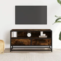 vidaXL Mueble TV metal y madera ingeniería roble humo 80x34,5x40 cm Roble ahumado New