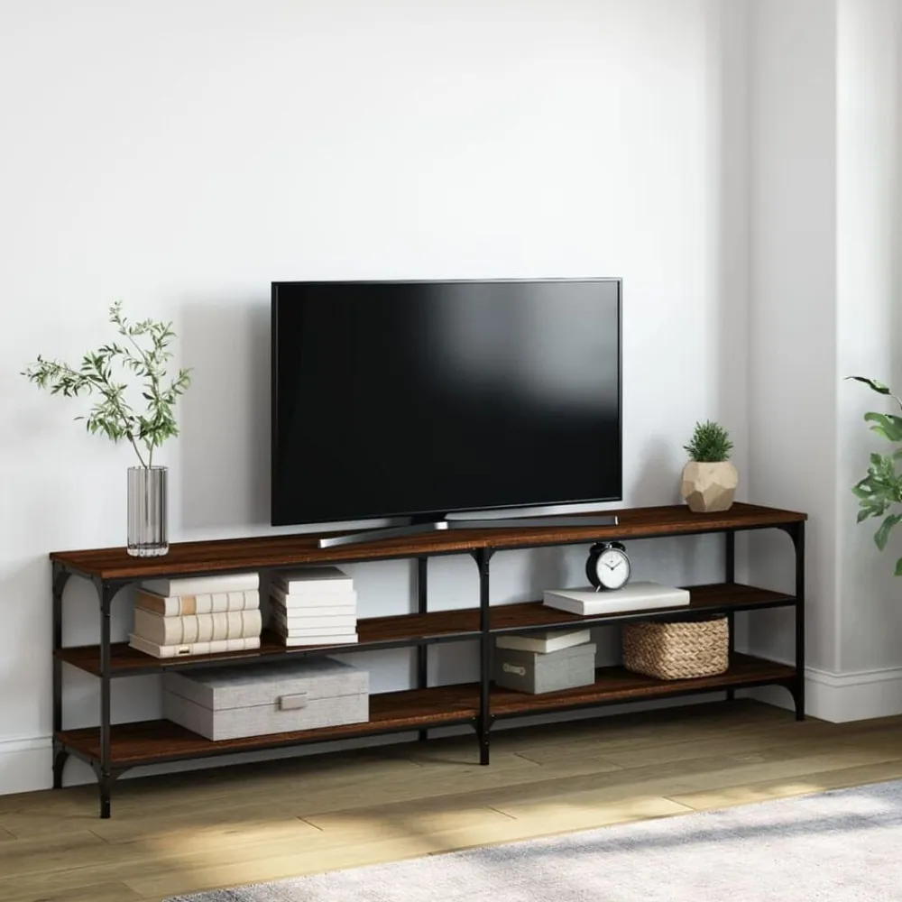 vidaXL Mueble TV metal y madera contrachapada marrón roble 180x30x50cm Marrón roble