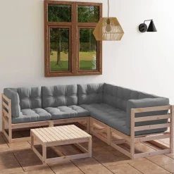 vidaXL Muebles de jardín 6 piezas con cojines de madera de pino maciza Natural Discount