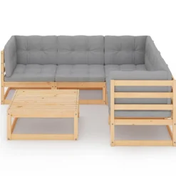 vidaXL Muebles de jardín 6 piezas con cojines de madera de pino maciza Natural Discount