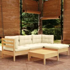 vidaXL Muebles De Jardín-Muebles de jardín 5 piezas cojines madera de pino crema