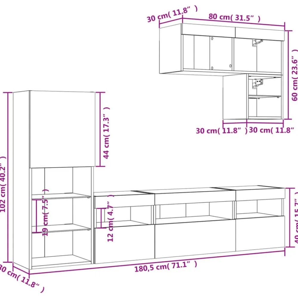 vidaXL Muebles de TV de pared con LED 6 pzas madera ingeniería Blanco Outlet
