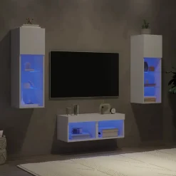 vidaXL Muebles de TV de pared con luces LED 4 piezas Blanco Outlet