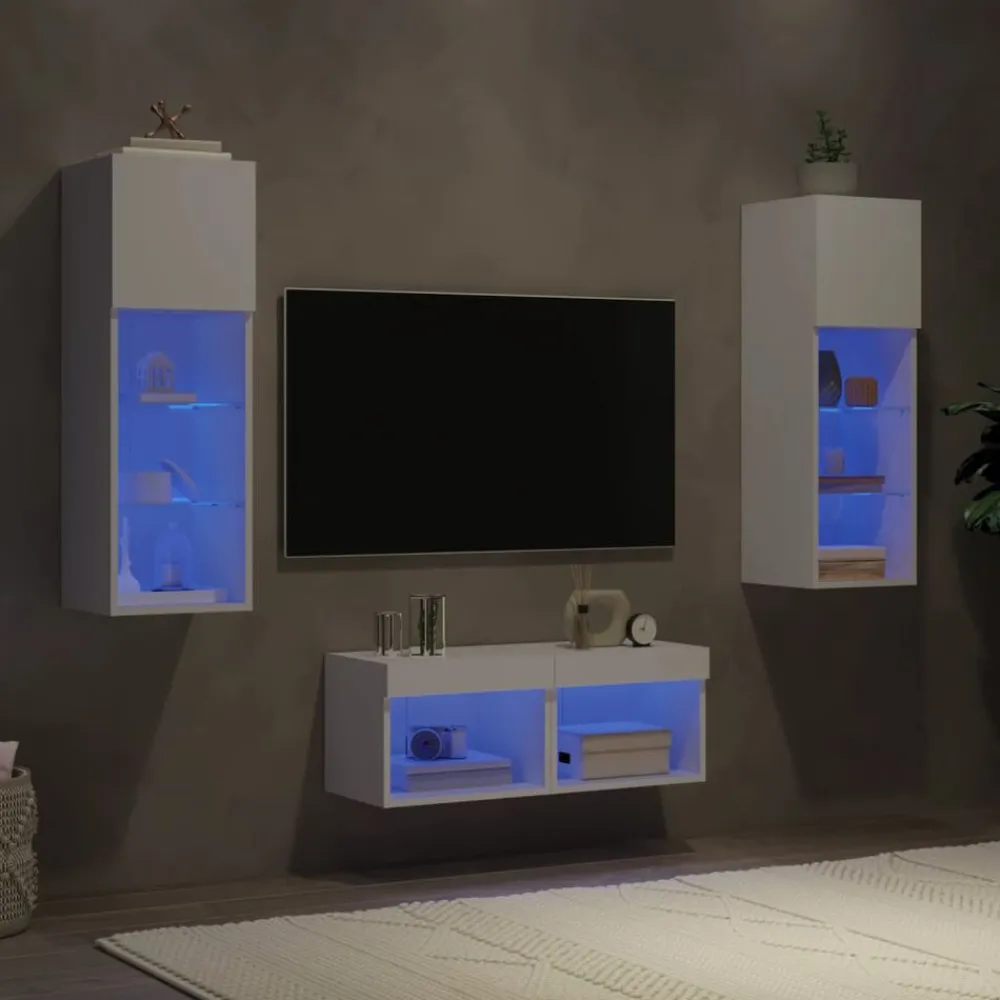 vidaXL Muebles de TV de pared con luces LED 4 piezas Blanco Outlet