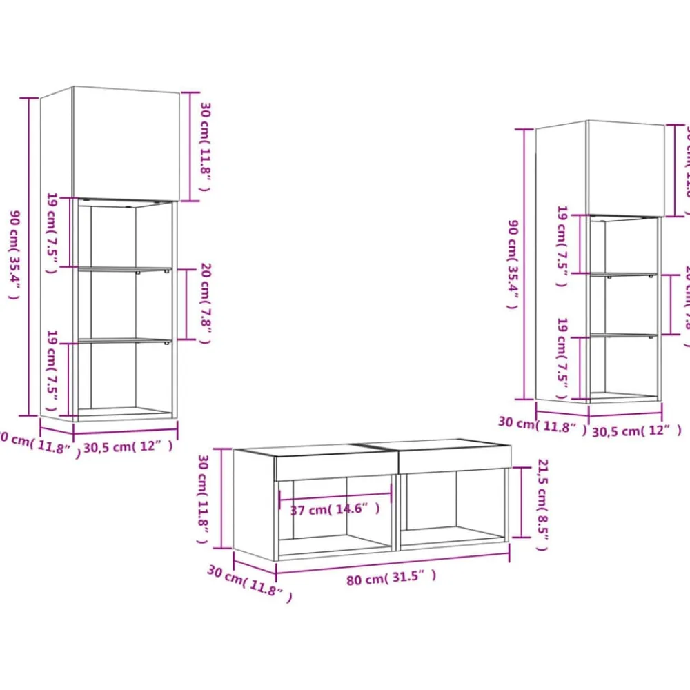 vidaXL Muebles de TV de pared con luces LED 4 piezas Blanco Outlet