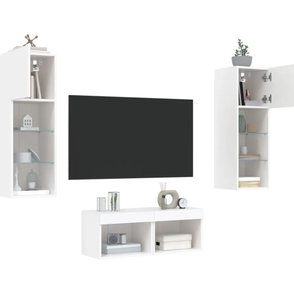 vidaXL Muebles de TV de pared con luces LED 4 piezas Blanco Outlet