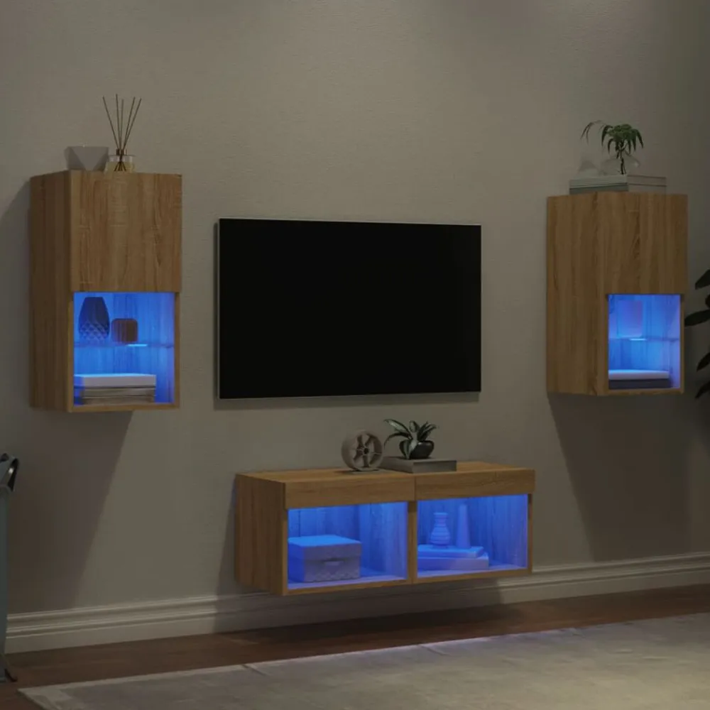 vidaXL Muebles de TV de pared con luces LED 4 piezas Roble Sonoma Outlet