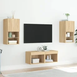 vidaXL Muebles de TV de pared con luces LED 4 piezas Roble Sonoma Outlet