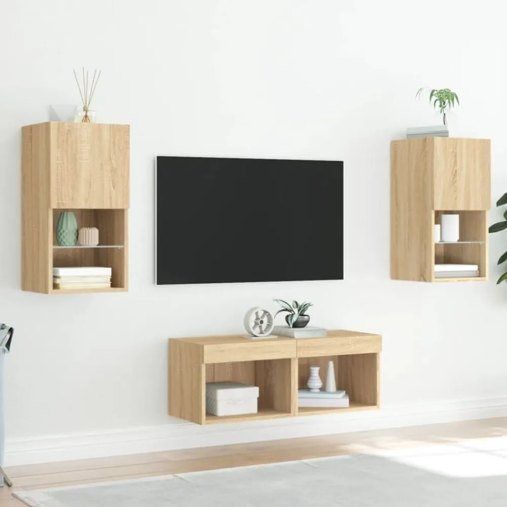 vidaXL Muebles de TV de pared con luces LED 4 piezas Roble Sonoma Outlet