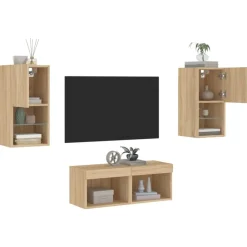 vidaXL Muebles de TV de pared con luces LED 4 piezas Roble Sonoma Outlet