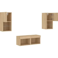vidaXL Muebles de TV de pared con luces LED 4 piezas Roble Sonoma Outlet