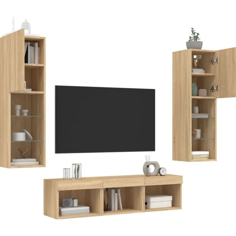 vidaXL Muebles TV pared con LED 5 pzas madera ingeniería Roble Sonoma Online