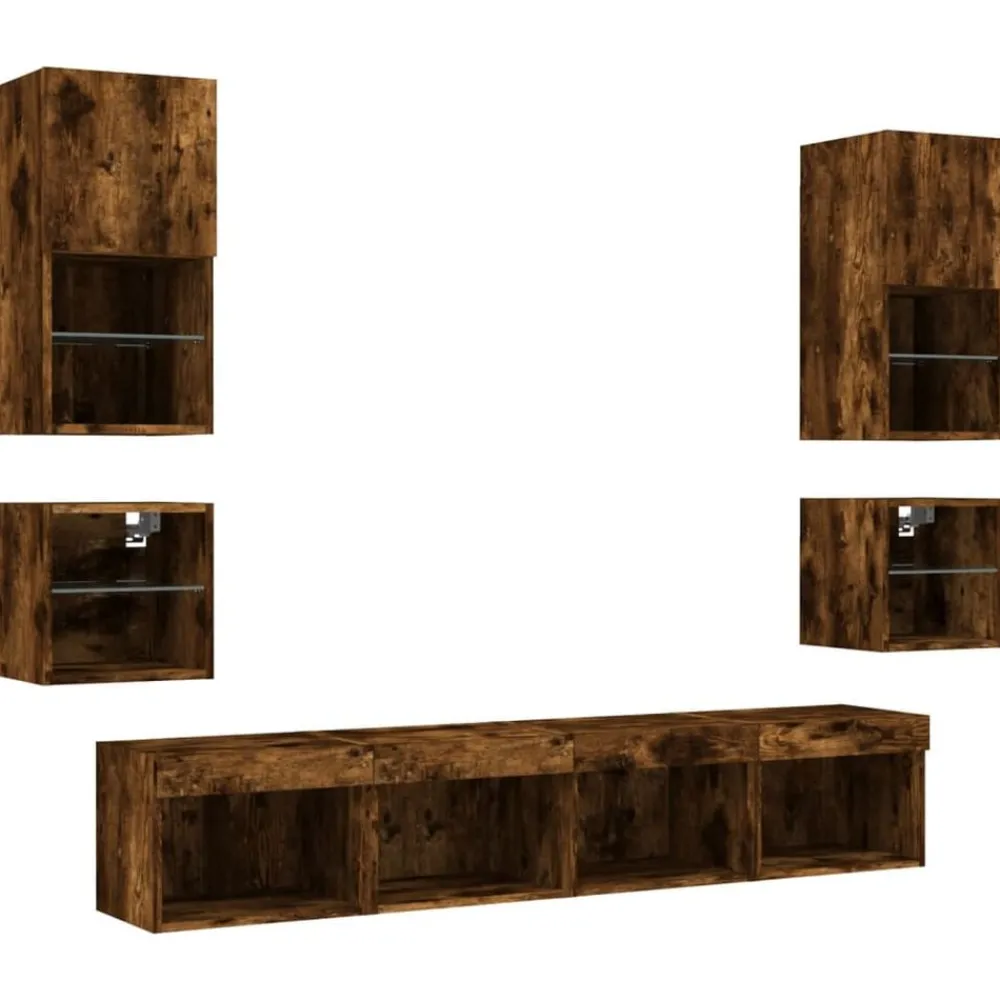 vidaXL Muebles TV pared con LED 8 pzas madera ingeniería Roble ahumado Discount
