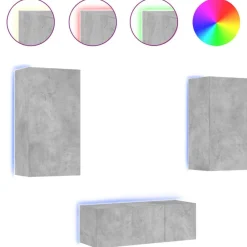 vidaXL Muebles TV pared con LED 4 pzas madera ingeniería gris hormigón Gris hormigón Outlet