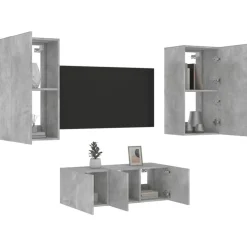 vidaXL Muebles TV pared con LED 4 pzas madera ingeniería gris hormigón Gris hormigón Outlet