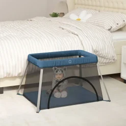 vidaXL Parque infantil para bebés con colchón tela lino marino Azul New