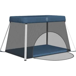 vidaXL Parque infantil para bebés con colchón tela lino marino Azul New
