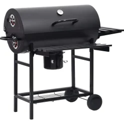 vidaXL Cocina Y Comedor-Parrilla de barril ruedas y estantes acero negro 115x85x95 cm