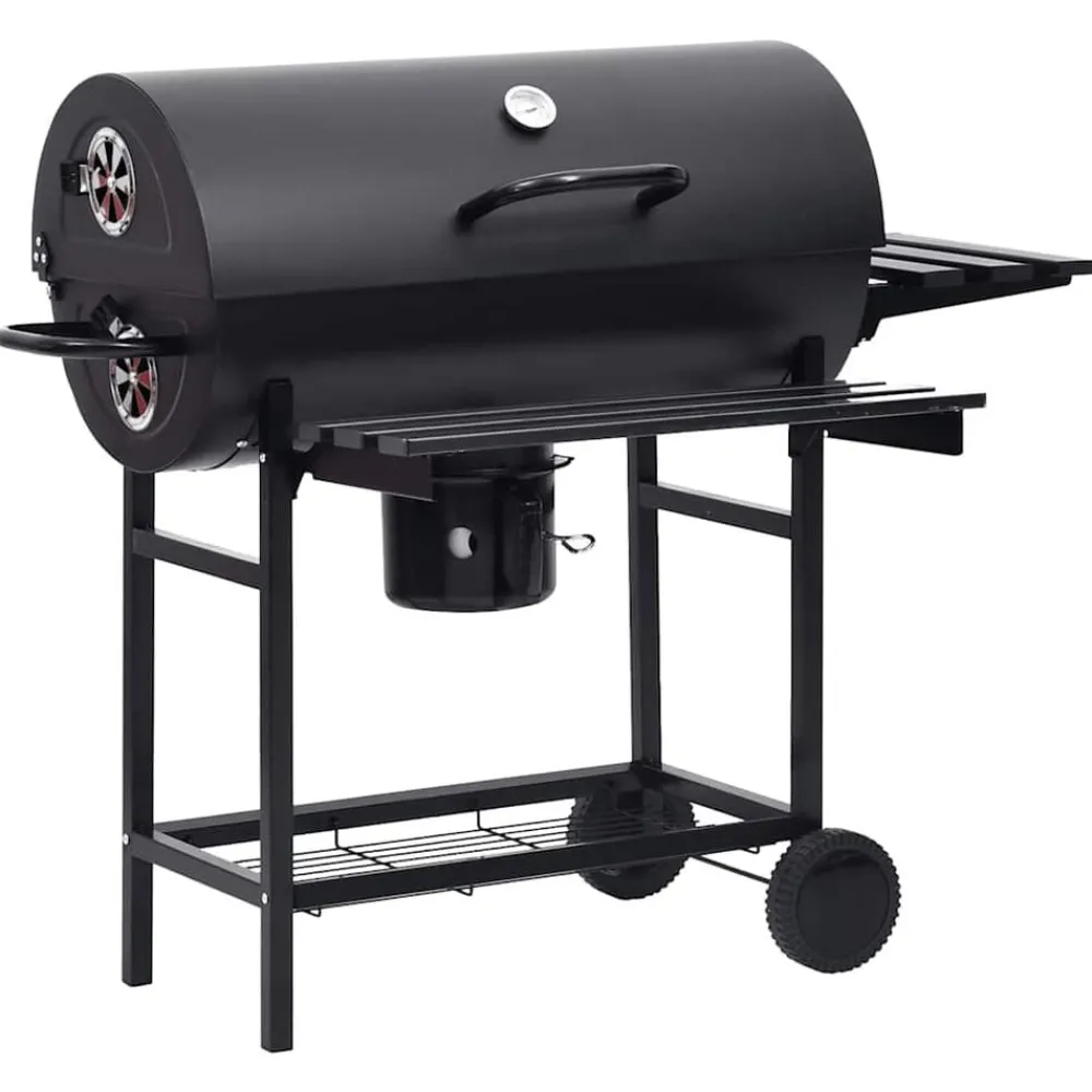 vidaXL Cocina Y Comedor-Parrilla de barril ruedas y estantes acero negro 115x85x95 cm