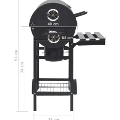 vidaXL Cocina Y Comedor-Parrilla de barril ruedas y estantes acero negro 115x85x95 cm