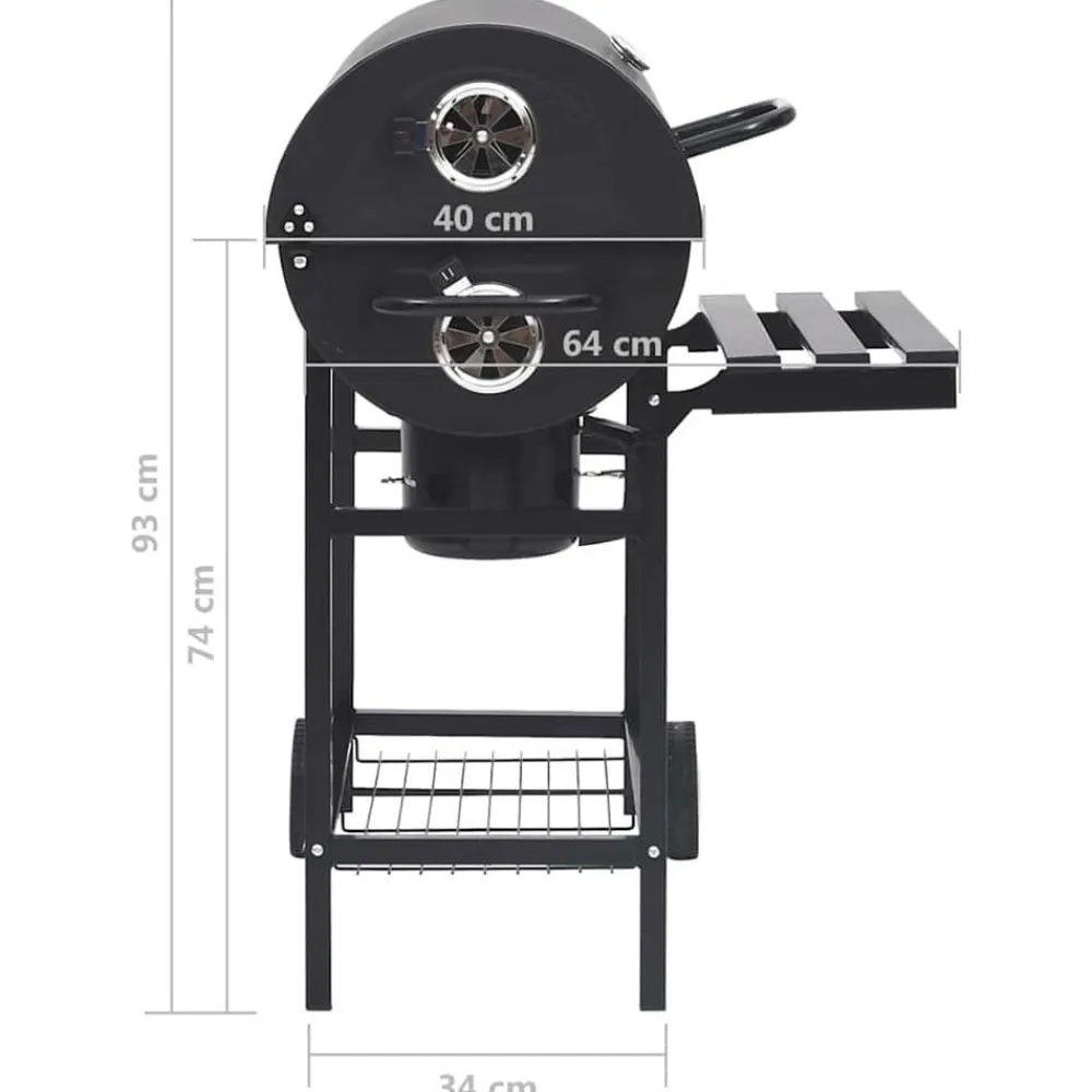 vidaXL Cocina Y Comedor-Parrilla de barril ruedas y estantes acero negro 115x85x95 cm