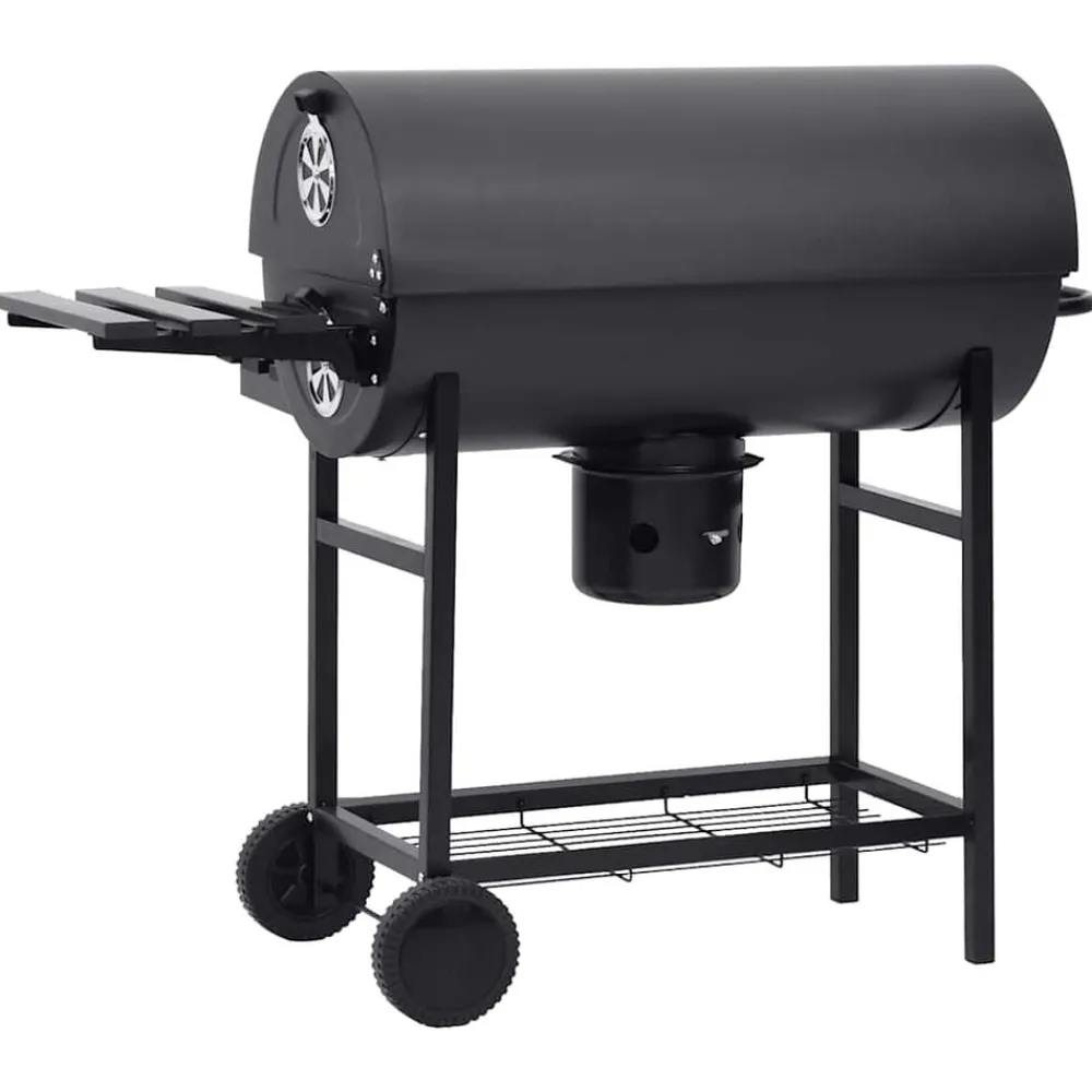 vidaXL Cocina Y Comedor-Parrilla de barril ruedas y estantes acero negro 115x85x95 cm