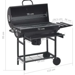 vidaXL Cocina Y Comedor-Parrilla de barril ruedas y estantes acero negro 115x85x95 cm