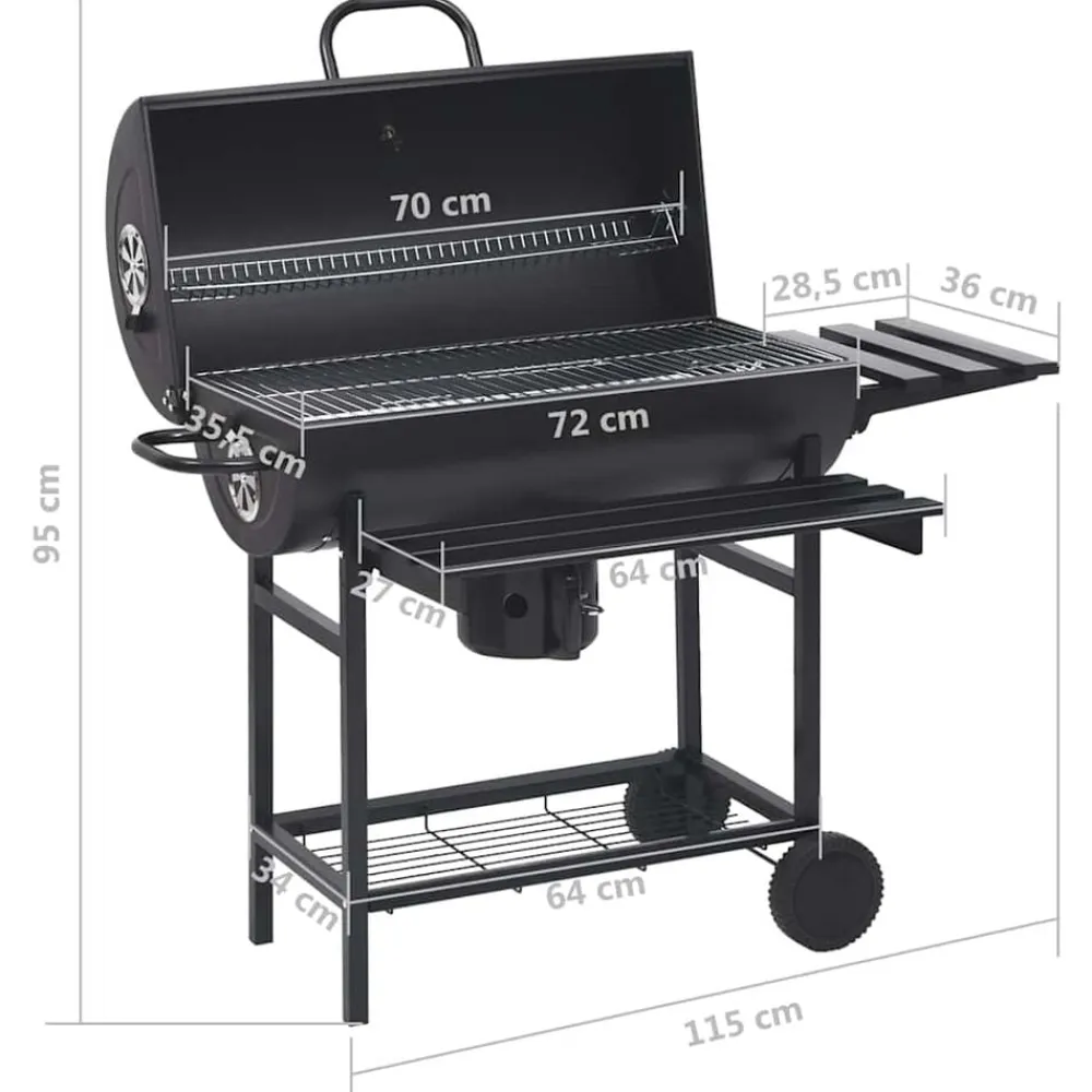 vidaXL Cocina Y Comedor-Parrilla de barril ruedas y estantes acero negro 115x85x95 cm