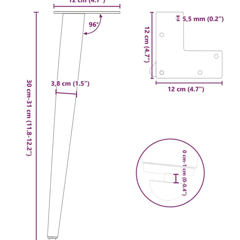 vidaXL Accesorios Para Mesas-Patas cónicas para mesa de centro (4 unidades), color , 30-31 cm, acero