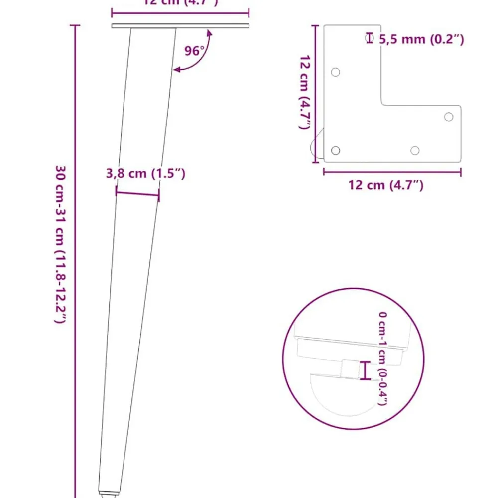 vidaXL Patas para mesa de centro cónicas (4 unidades), color , 30-31 cm, acero Blanco Clearance