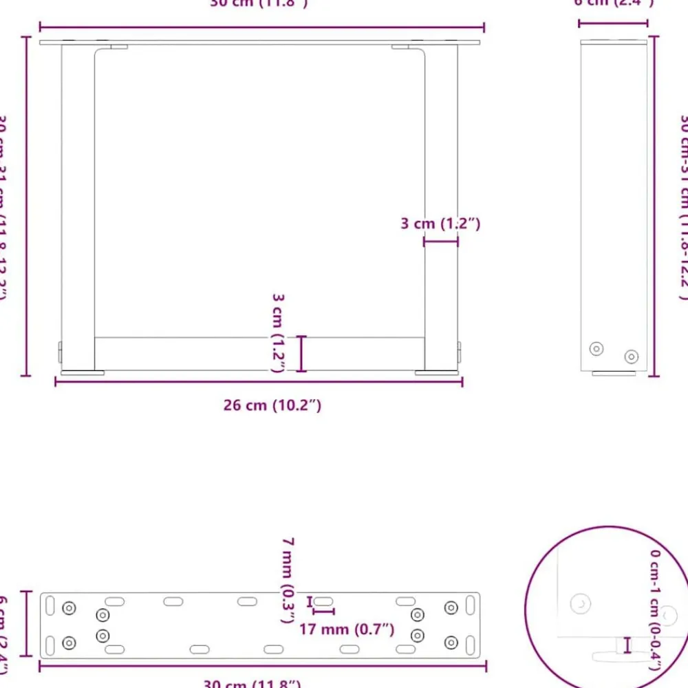vidaXL Accesorios Para Mesas-Patas para mesa de centro en forma de U (2 unidades), , 30 x (30-31) cm, acero