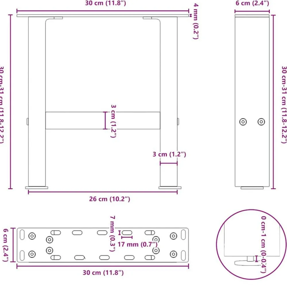 vidaXL Patas para mesa de centro de acero (2 unidades, 30 x 30-31 cm) Natural Clearance