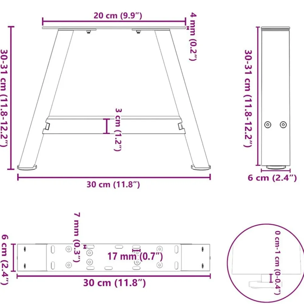 vidaXL Patas para mesa de centro en forma de A (2 unidades, 30 x 30-31 cm, acero) Natural