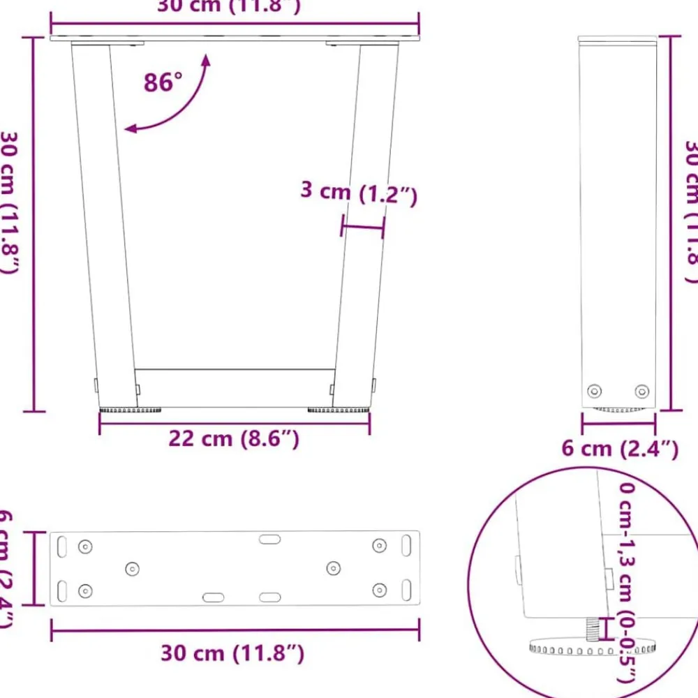 vidaXL Patas para mesa de centro en forma de V (2 unidades, acero , 30 x 30-31,3 cm) Natural Outlet