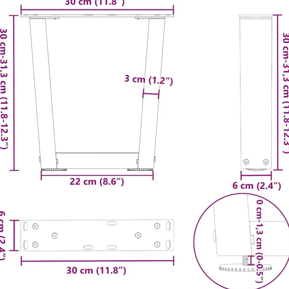 vidaXL Patas para mesa de centro en forma de V (2 unidades), color , 30 x (30-31,3) cm, acero Negro Discount