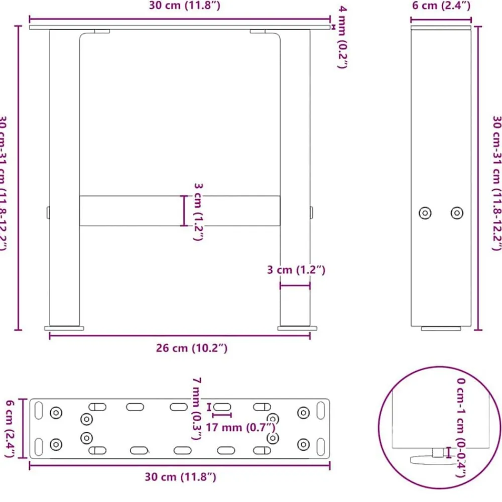 vidaXL Accesorios Para Mesas-Patas para mesa de centro (2 unidades, 30 x 31 cm, acero)