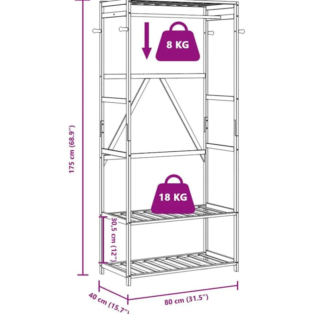 vidaXL Productos Del Hogar-Perchero con estantes bambú 80x40x175 cm