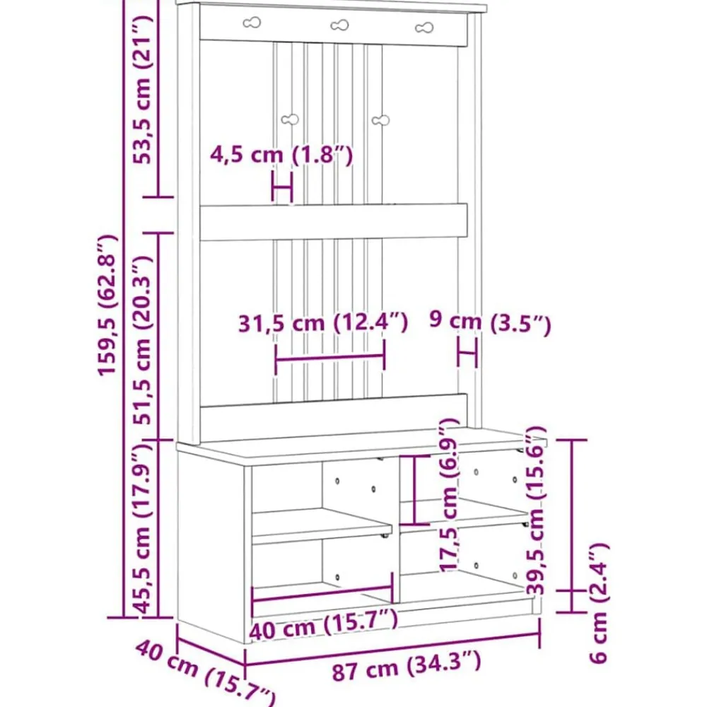 vidaXL Perchero de entrada SANDNES madera pino 87x40x159,5 cm Blanco Hot