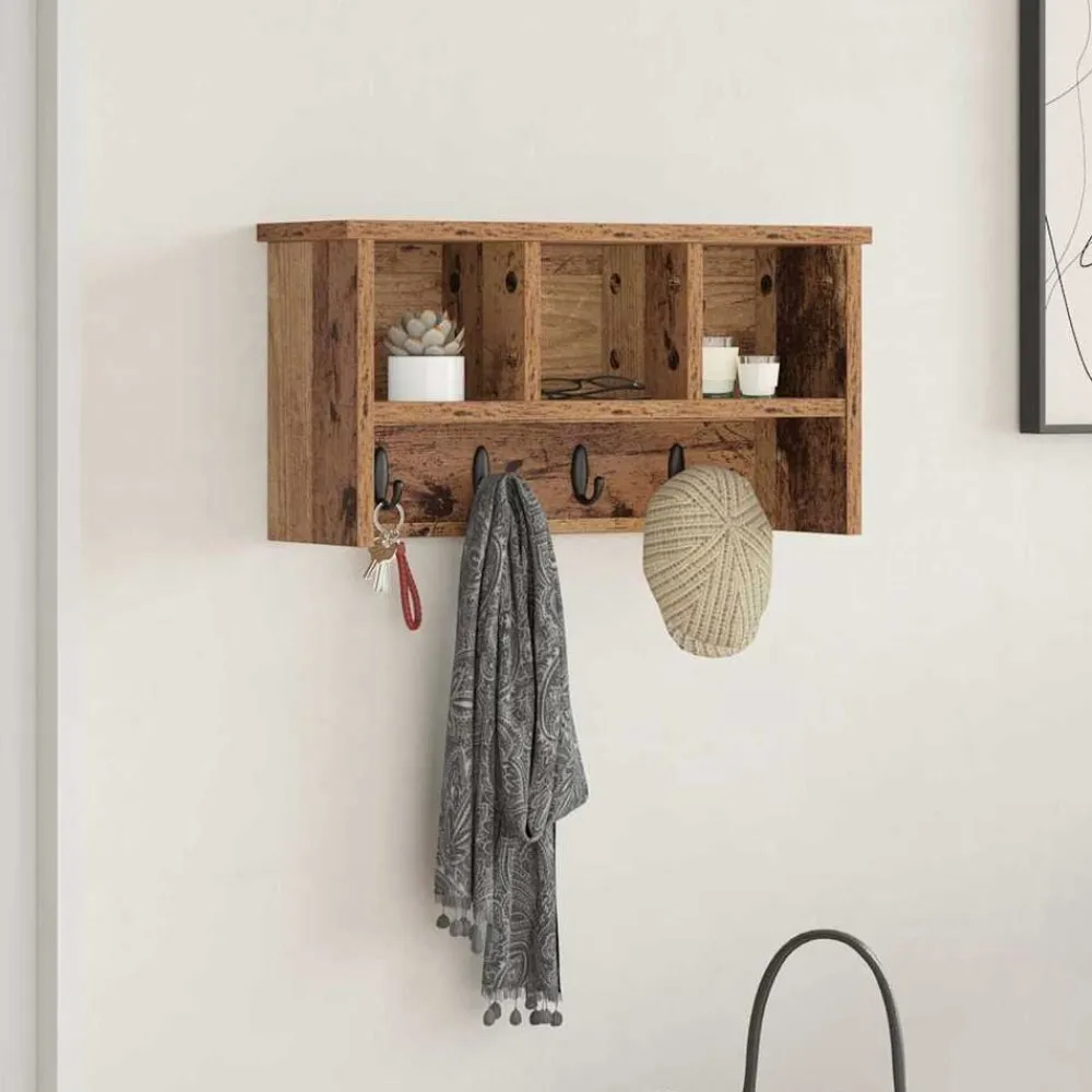 vidaXL Perchero de pared con estante Madera vieja 50 x 16 x 26 cm Madera envejecida Sale