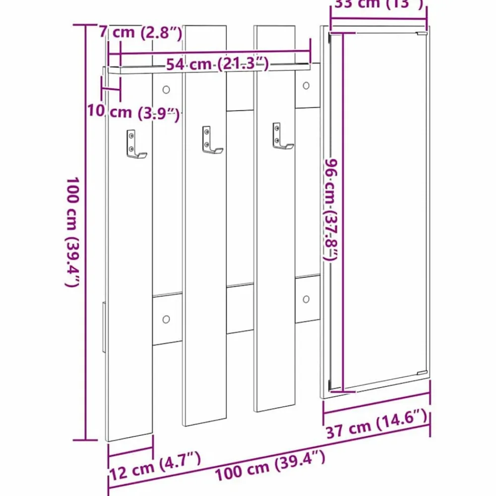 vidaXL Estanterías-Perchero de pared con espejo 100 x 10 x 100 cm