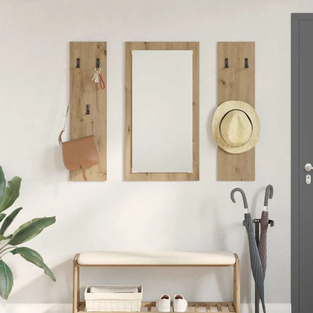 vidaXL Perchero de pared con espejo Roble artesanal 96 x 1,5 x 90 cm Roble artisan Clearance