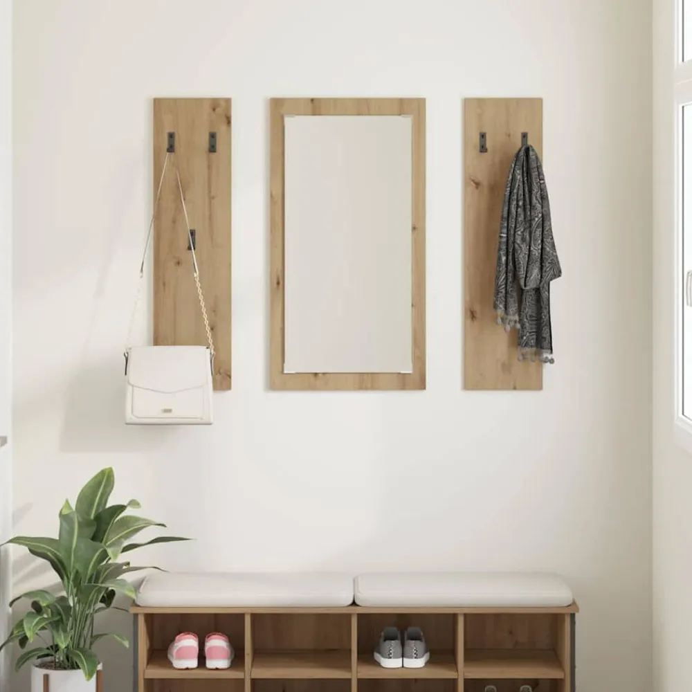 vidaXL Perchero de pared con espejo Roble artesanal 96 x 1,5 x 90 cm Roble artisan Clearance
