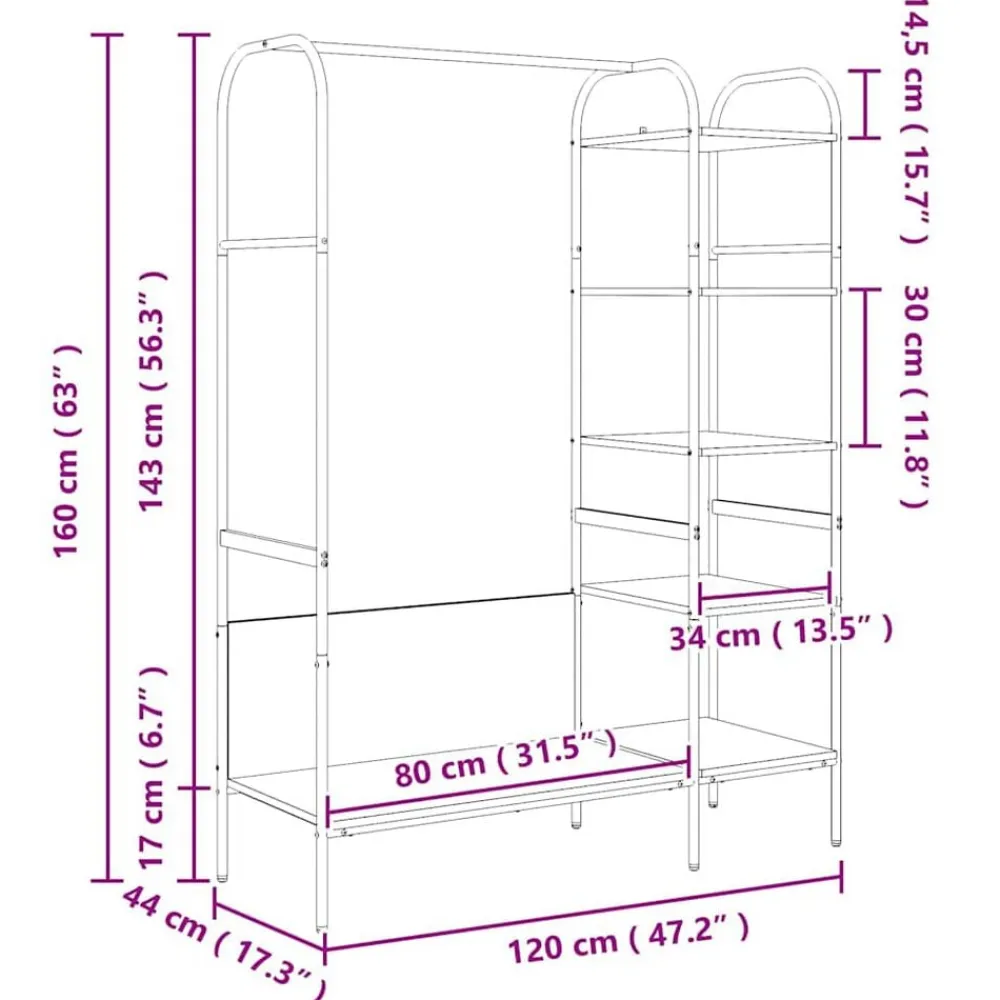 vidaXL Perchero para ropa Gris 120 x 44 x 160 cm Madera de ingeniería Gris sonoma New